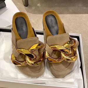 Designer Mulheres Mocas JW Montas Montas Londres Brand JA Sandals Botas de couro genuínas Madeira saltos planos SLIDES SLIPPERS GOLD SLIPPERS DE LUMURO DESIRUNOS Sapatos