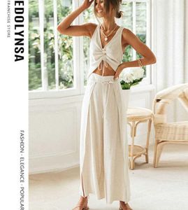 Summer Casual Casual Two Piece Linen Cotton Dstring Crop Top Slitt Sump Pants Wide Leg Loungewear Women039s Casa abiti da casa Y120 Q052989311