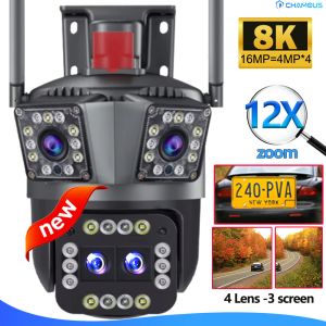 Cameras 16MP 8K WiFi IP Camera 10X Zoom 4K Outdoor Security Camera Surveillance AI Track Four Lens Three Screen Mini Street Camera 360°