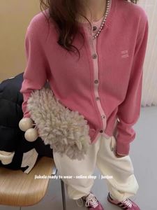 Women's Knits European Cashmere Sweater Red Cardigan Round Neck Color Single-breasted Letter Fold Wear 2024 Wool Women