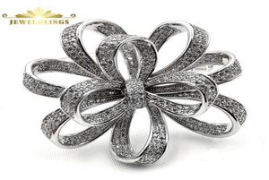 Victorian Vintage Silvertone Micro Pave Clear CZ Ribbon Bow Brooches Circlet Floral Style Bowtie Pin Broach Women Bridal Jewelry 29630081