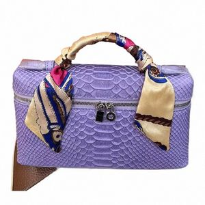 100% Genuine Leather Handbags For Women Cow Snake Pattern Leather Summer Purple Designer Bags Hobo Grey Tote Purse 088x#