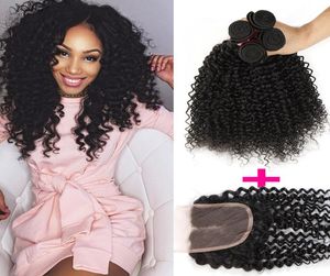 Remy Hair peruano 3 pacotes com fechamento de renda ou parte do meio da parte brasileira peruana Malásia Mongolian Cabelo Curly Virgin 2650622