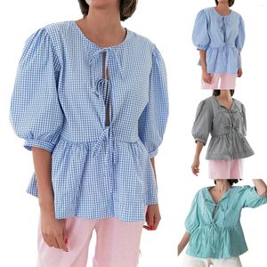 Women's Blouses Plaid Lace Up Ruffled Shirts Puff Short Sleeve Casual Bow Hollow Out O Neck 2024 Summer Elegant Lady Tops