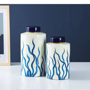 Storage Bottles Blue Seaweed Painted Ceramic Jar Gilded Porcelain Bottle Jars With Lids Modern Tea Caddy Candy Pots Cereal Dispenser