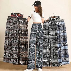 Frauenhose Capris Frauen Weitbein Hosen hohe taillierte Elefantendruckhosen Sommer Dünne gerade Hosen Freizeitbinderhose Damenkleidung Y240422