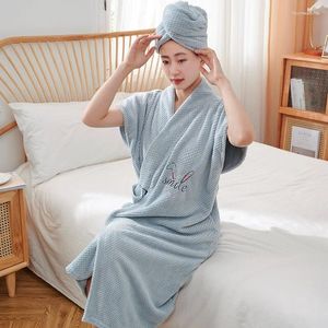 Towel Pineapple Grid Bathrobe Women's Wrap Wearable Thickened Soft Water Absorbing Bath Skirt With Dry Hair Hat Set