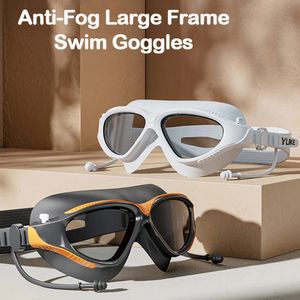 Óculos de natação ajustáveis adultos grandes molduras com tampões para os ouvidos de natação homens homens homens profissionais hd antifog silicone 240409