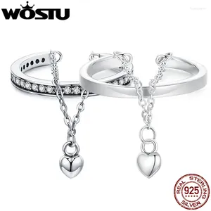 Ringos de cluster wostu vintage 925 Sterling Silver Trassle Link Anel de abertura do coração para mulheres Jóias de festas de casamento de garotas Corrente de zircão brilhante