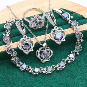 Strands Heart Shaped 925 Silver Jewelry Sets For Women Multicolour Topaz Bracelet Earrings Necklace Pendant Ring Wedding Jewelry 4PCS