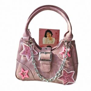 Y2K Pink Shoulder Bag Women's Star Pattern Pu Leather Sling Motor Bags With Chain Cross Body Handbag Cool Girl Hiphop Sytle New W408#