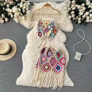 Bohemian Two Piece Sticked Set Summer Hook Hollow Out Camisole Floral Oregelbundet Tassel Kjol Sexig Beach Style Suits Patchwork