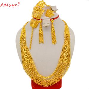 Strands Adixyn Indian Dubai Gold Farbschmuck Set für Frauen 60 cm Halskette Armband Ohrring Ring Set Braut Hochzeit Geschenke N09076