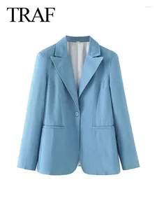 Ternos femininos 2024 Spring Blue Blazer Solid Mangas compridas bolsos