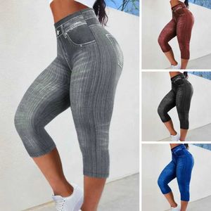 Women's Pants Capris Womens cut pants elastic fitness fake pockets high waist and buttocks artificial denim jeans soft and casual thin pencil pants Y240422