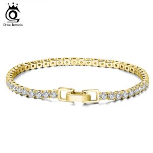 Strängar Orsa Jewels 14K Gold Plated Tennis Armband 3mm Zirconia Authentic 925 Silver Hand Chain Jewelry for Men Women Boy Gift SB9214K