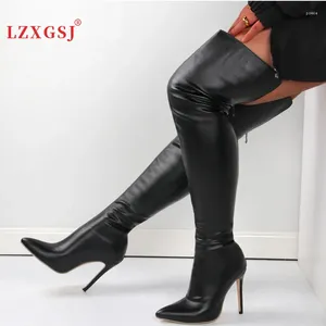 Botlar Büyük Boy 46 Kadın Ayakkabı Seksi Kadınlar Diz Üzerinde 2024 Kış Yüksek Topuklu Siyah Kırmızı Sırt Zip Ayak Ayak Parçası Uzun