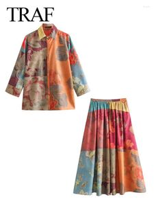 Vestidos de trabalho 2024 Conjunto de estampas florais femininas da primavera Botões ocultos de camisa casual Pocket Salia longa plissada solta