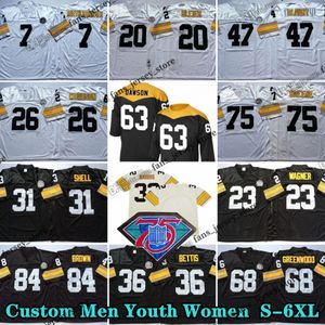 Anpassad 75th Vintage 75 Joe Greene 1969 Fotbollströjor 84 Antonio Brown 59 Jack Ham 31 Donnie Shell 82 John Stallworth 88 Lynn Swann 20 Rocky Bleier 23 Mike Wagner