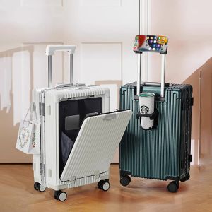 Luggage Multifunctional Front Open Travel Suitcase Board Bag USB Charging Port With Folding Cup Holder Aluminum Frame Trolley Luggage