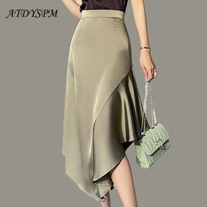 Elegant High Waist Satin Long Skirt Fashion Office Lady Irregular ALine Mermaid Streetwear Clothing Faldas Mujer 240420