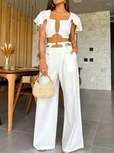 Women's Two Piece Pants Summer Elegant Solid Women Set With Deep V Square Collar Sexy Short Top Wide Leg Suit Office Lady Clothing