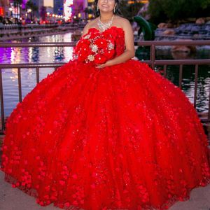 Red Shiny Quinceanera Dress vom Schulterkugelkleid 3d Blumenapparat Spitze Perlenkristalle Süße 16 Vestidos de xv 15 Anos