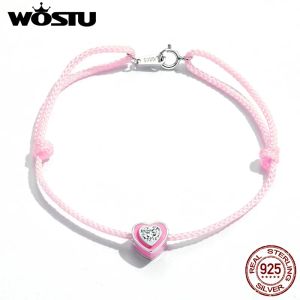 anklets wostu pure 925スターリングシルバーピンクハートロープ足首22.5cm調整可能なサイズ女性用夏のジュエリーフィット022