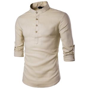 Czarna bawełniana koszulka lniana mężczyźni jesień wrowadły rękaw męskie sukienki sukienki Slim Fit Henley Shirt Male Chemise Homme 210628