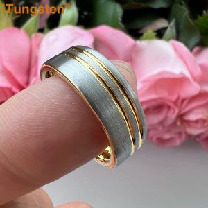 Gruplar Itungsten 8mm Parlak Tungsten Karbür Yüzük Klasik Düz Aly Band Erkekler için 2 Ofset Grooves El Konforunda Stoklar