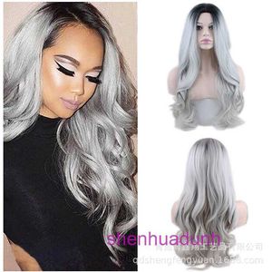 High quality fashion wig hairs online store Mid length curly hair cosy gray T-color gradient 20 inch new womens synthetic fiber front lace headband