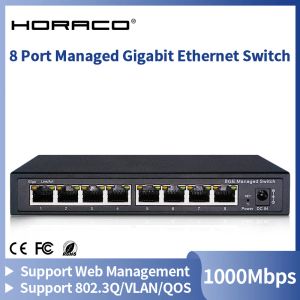 Управление Horaco 8 Port Gigabit Ethernet Switch управляется 1000 Мбит/с Смарт -сетевой переключатель с веб -управлением/802,3Q/VLAN/QOS/SNMP DC 5V 1A