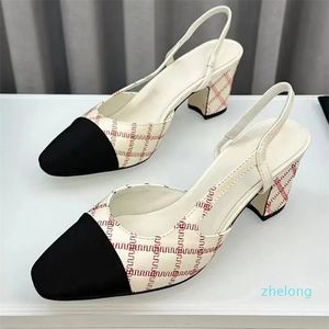 women slingback chunky heel sandals runway luxury designer classic high quality leather suture pattern spring summer dress shoes