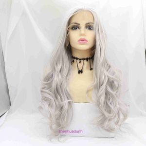 HD Body Wave Highlight Lace Front Human Hair Wigs For Women Star style gray white naturally curled long hair with lace synthetic wig front for womens headwear