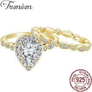 Anéis Trumium 1,5ct 925 Sterling Silver Bridal Dois Anel Set Ring Sheardrop CZ Anéis de noivado vintage Rings Bandas de casamento para mulheres