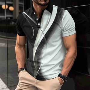 Mäns skjortor Summer Mens Flip Collar Kort ärm 3D Digital Printing Mens T-shirt Flip Collar Mens Herable Shirt YQ240422