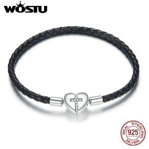 Strängar Wostu 925 Sterling Silver Heart Lock Basic Armband Svart flätat Långt läderreparmband för kvinnor Fashion Jewelry CQB205