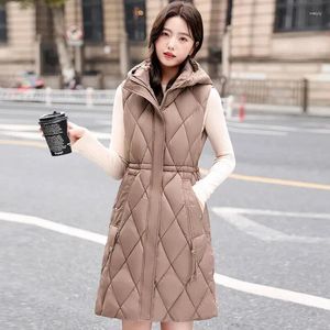 Kvinnors tankar 2024 Autumn and Winter Women Vest Elegant Mid-Length Hooded Sleeveless Jacket Fashion Midjan Warm Midja Ladies Tops W017