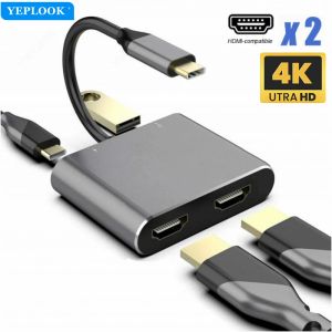 Hublar 4 Arada 1 Tip C - Çift HDMI 4K 60Hz Genişletilmiş/Ayna Modu Konma Adaptörü PD 60W MacBook/Switch/Surface/Chromebook/Dell XPS