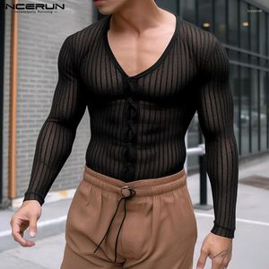 Men's Casual Shirts INCERUN Tops 2024 Korean Style V-neck Striped Perspective Streetwear Male Long Sleeved Cardigan Blouse S-5XL
