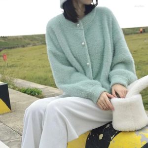Women's Knits 2024 Solid Color Single-breasted O-neck Imitation Mink Velvet Knitted Sweater All-match Pearl Buttons Streetwear Cardigan