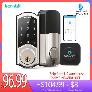 Kontrollera Hornbill Electronic Smart Door Lock med Gateway Remote WiFi Bluetooth Lösenord Knappsats Oklocklås för Ttlock Home Safe Hotel