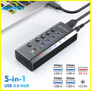 Hubs RSHTECH Powered USB Hub Aluminum 5Port USB3.0 Hub Splitter QC 3.0 Fast Charging Individual LED On/Off Switches for Mac PC