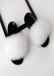 Rass Ple 2019 Real Fox Fur Slides Buty Furry Fuffly Slipper Flip Flip Sandals Sandals Sliders Drag sandałowe buty letnie Kobiety 9751218