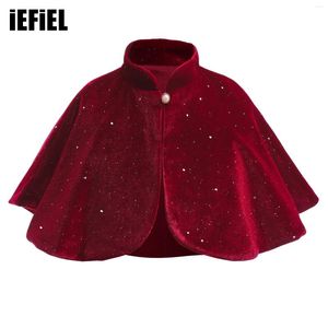 Jackor Kids Girls Fairy Cape Coat Shiny Red Velvet Stand Collar Smooth Foder Pearl Button Bolero Dress Shawl For Party Evening