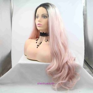 HD Body Wave Highlight Lace Front Human Hair Wigs For Women Hot selling wig T pink long curly hair with large waves medium gradient color hightemperature silk headba