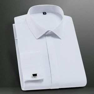 Solid Mens Classic French Cuffs Dress Shirt Long Sleeve Covered Placket Formal Business Standardfit Design Wedding White Shirts 240403