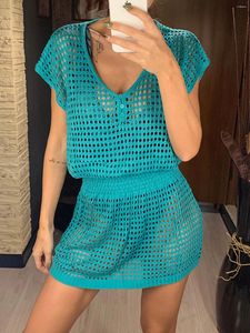 Party Dresses Hollow Out Crochet Sticked Mini Dress V Neck Beach Tunic Long Pareos Bikinis Cover Ups Robe Plagwear DV2053