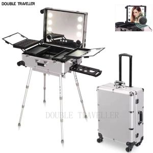 Bagage Ny professionell rullande kosmetisk fodral Skönhet Makeup Trolley Suitcase LED Light Mirror Bagage Aluminium Frame Folding Table