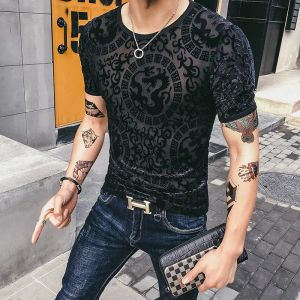 Shirts Streetwear Fashion Veet Tshirt Men's Original Shirts Hollow Out Fiess Short Sleeve Gym Clothing Mesh Top Designer Tshirt